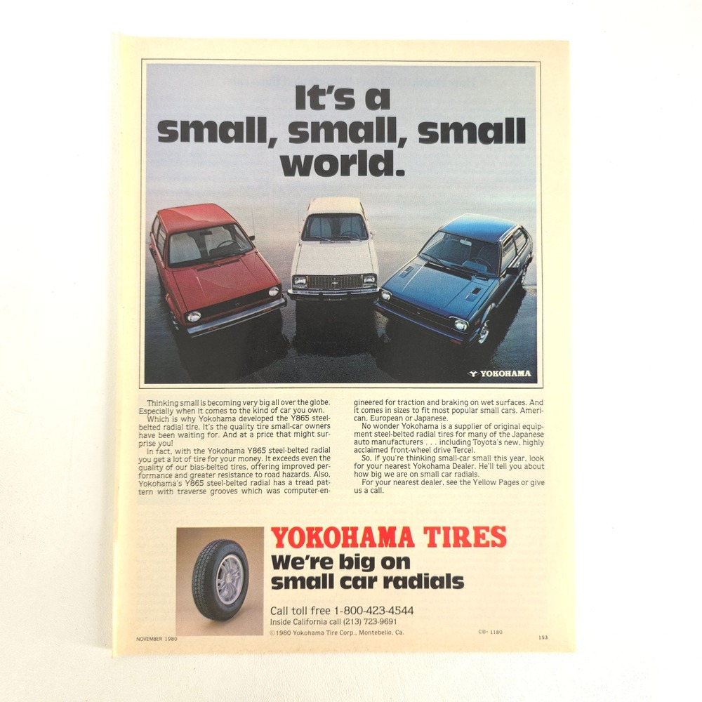 Toyota Tercel Yokohama Y865 Tire Print Ad Vintage Garage Decor Car Show Display